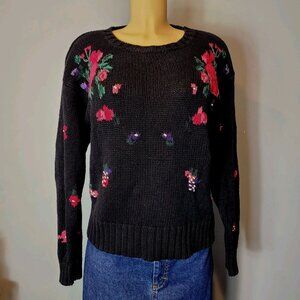 Vintage Pierre Cardin Multicolor‎ Floral Cottage Embroidered Sweater 90s USA
